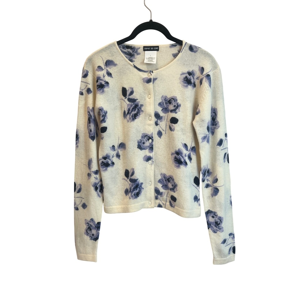 Esprit De Corp Vintage Blue Rose Floral Lambswool Angora Cardigan Sweater Large
